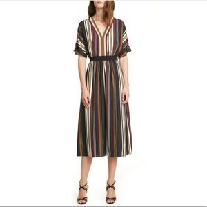 TED BAKER Women's Safiiya Burgundy Striped Short Sleeve V-Neck Midi Dress